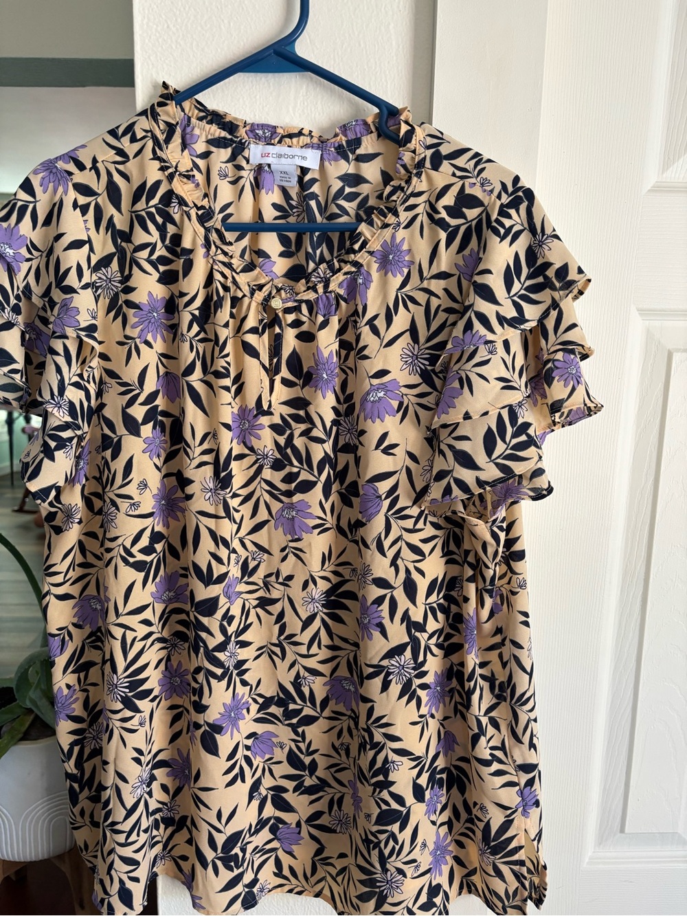 Liz Claiborne Beige Blouse with Purple Floral and Black Leaf Print